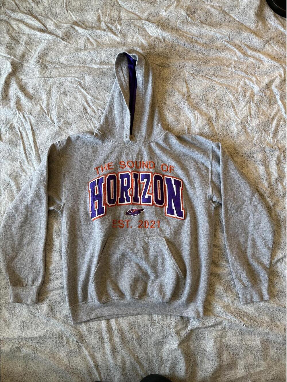 Gray Hoodie with Purple Lined Hood and 'Horizon' Print